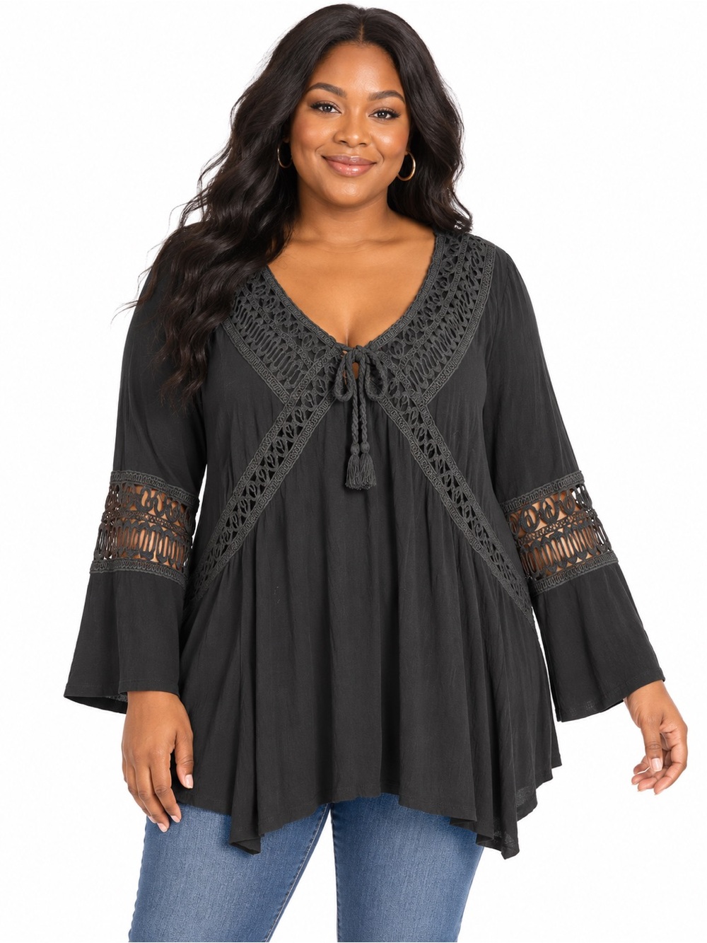 Kenar Woman Black Crochet Lace Trim Tunic Top – Women’s 1X